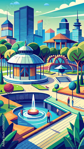 A city park with a fountain and a pavilion