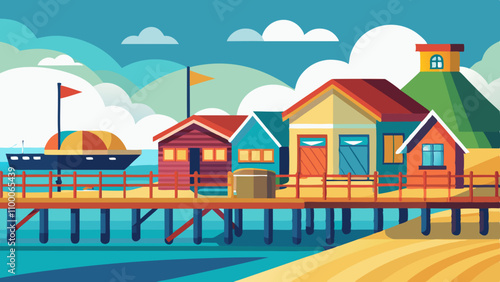 A colorful beach scene with a pier and houses