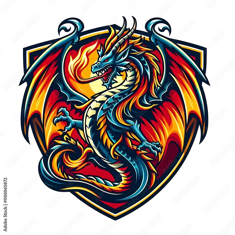 Fototapeta premium Fierce dragon with outstretched wings and flames on a shield.