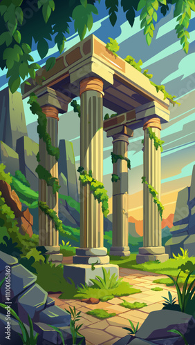 A drawing of a ruined temple with pillars and vines growing on them