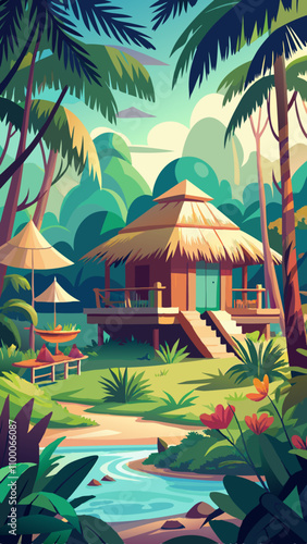 A tropical scene with a hut and a path leading to it