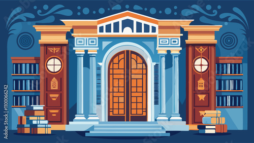 A blue and orange building with a large door and a clock on the front
