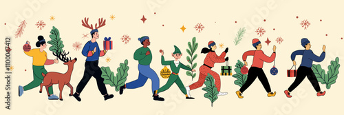 Christmas parade festive characters carrying gifts reindeer ornaments snowflakes greenery colorful attire winter theme holiday celebration website banner