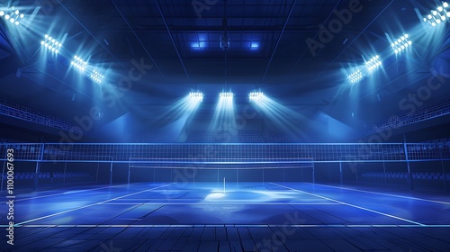 A vibrant indoor volleyball court illuminated by bright lights, ready for a match.
