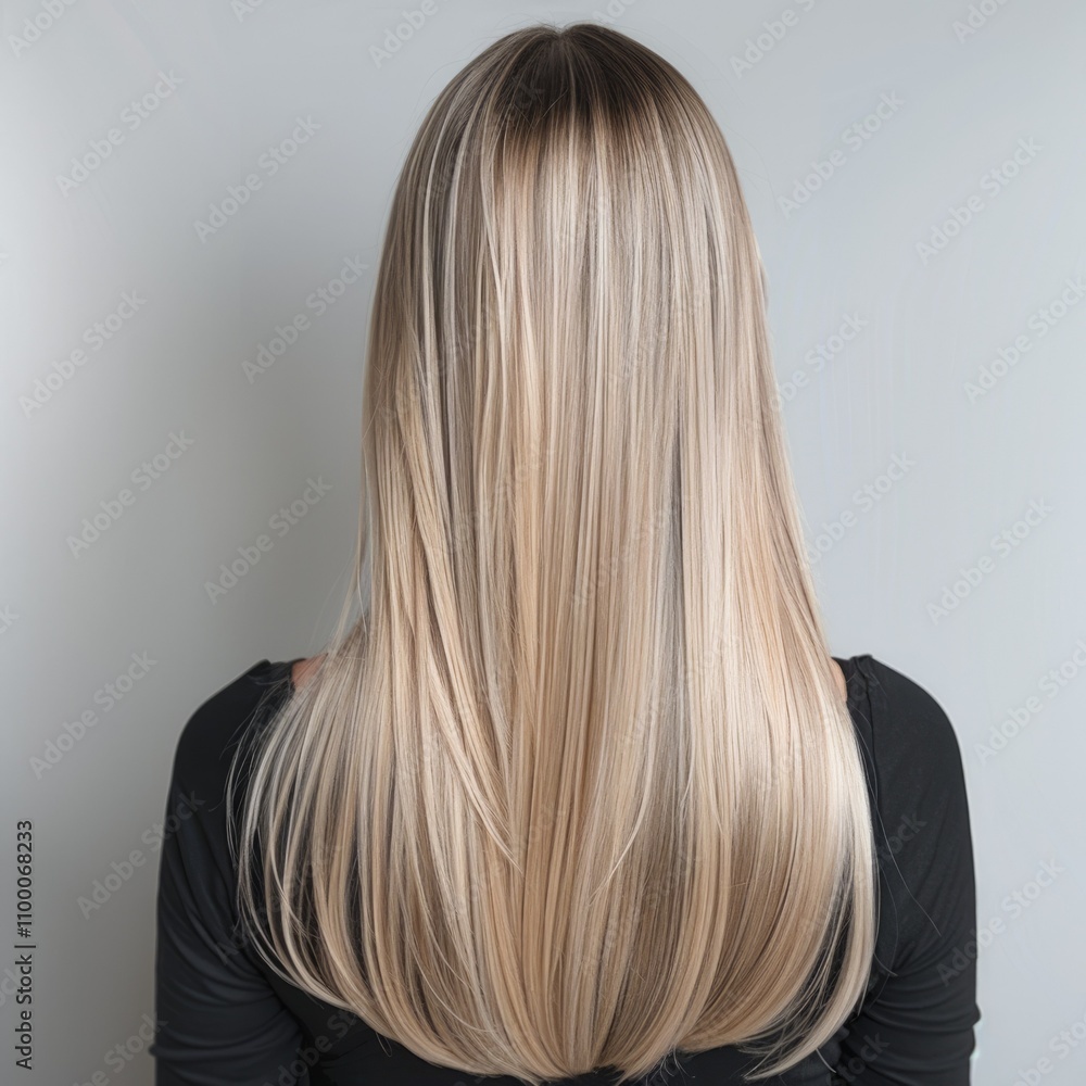 Naklejka premium Blonde woman with long straight hair from behind.