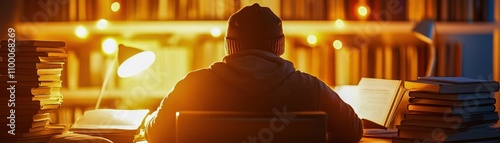 Student at a desk surrounded by books, consistently studying late into the night, striving for success. photo