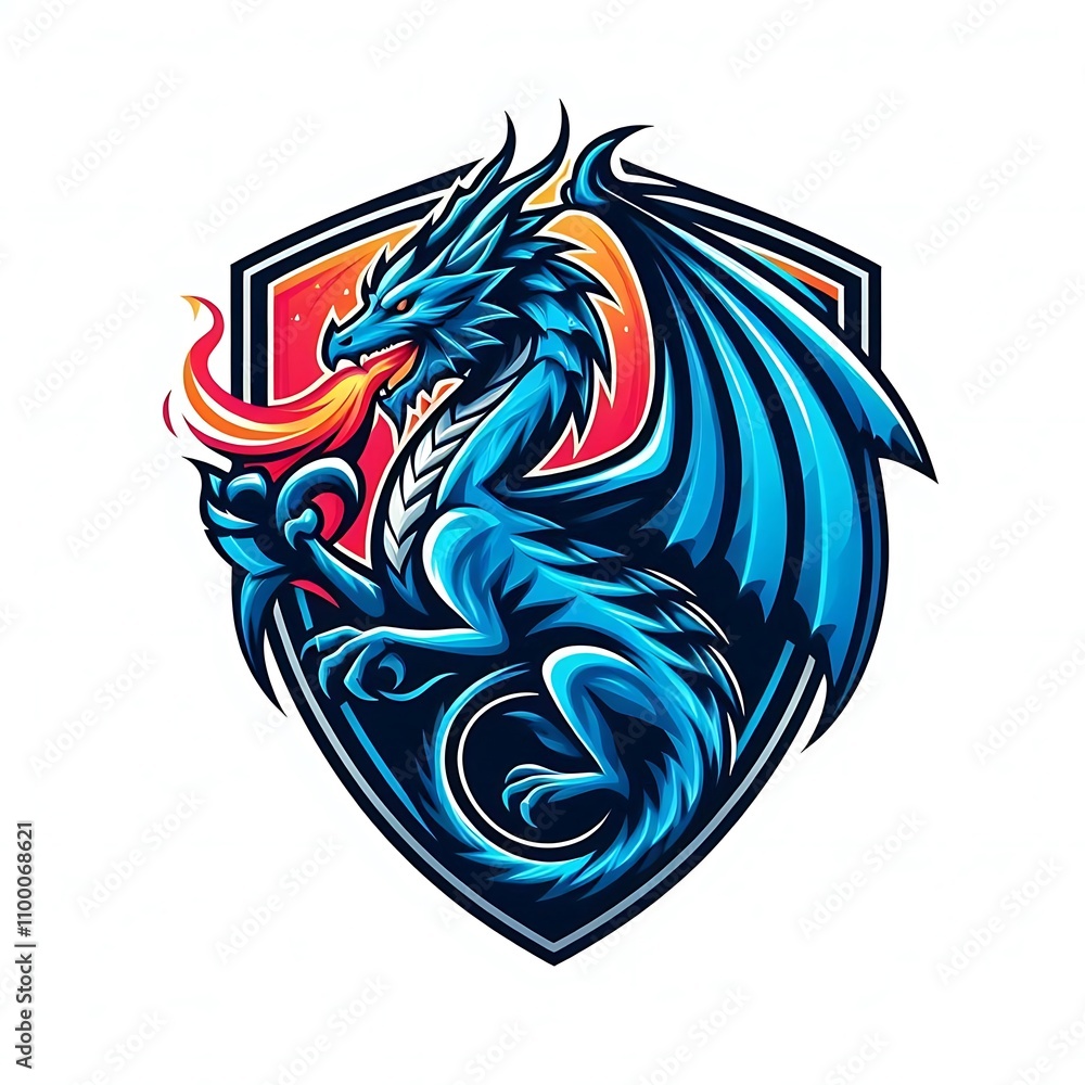 Obraz premium Fierce blue dragon with flames erupting from its mouth, depicted on a shield-like emblem.