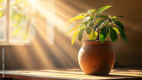 A money tree growing in a large clay pot placed on a wooden table under warm indoor light photo