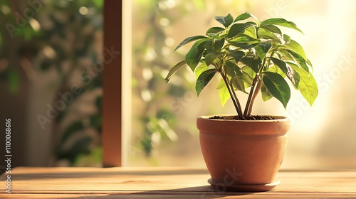 Wallpaper Mural A money tree growing in a large clay pot placed on a wooden table under warm indoor light Torontodigital.ca