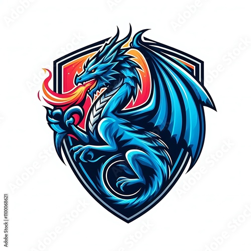 Wallpaper Mural Fierce blue dragon with flames erupting from its mouth, depicted on a shield-like emblem. Torontodigital.ca