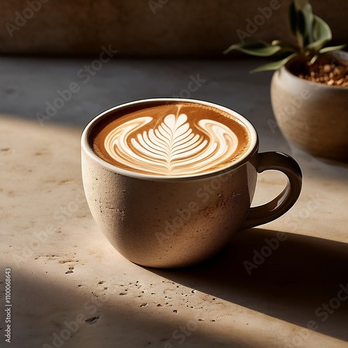 Latte in smooth stone mug with shadow; latte art; neutral beige concrete counter