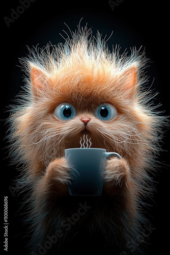 Adorable Fluffy Ginger Cat with Mesmerizing Blue Eyes and Coffee