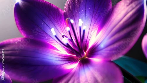 Macro close-up of a vibrant purple flower with glowing petals and stamens

 photo