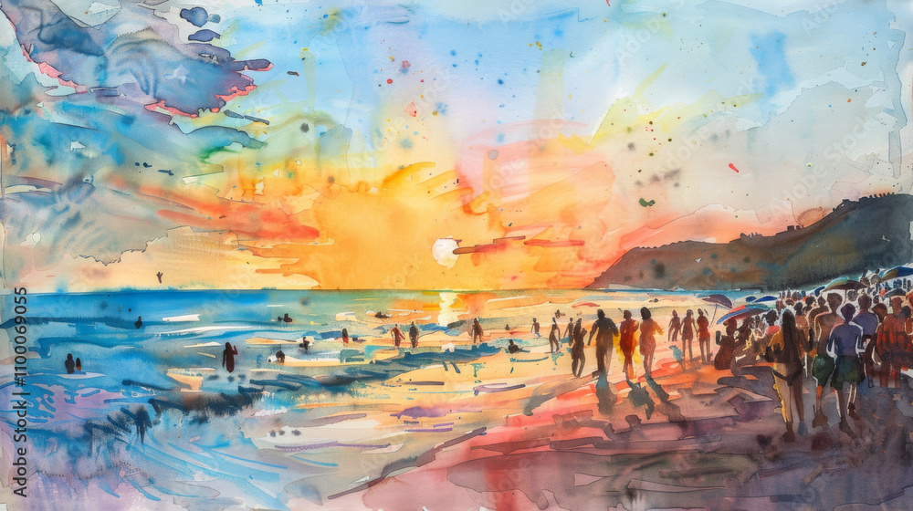 Naklejka premium Vibrant watercolor scene of a beach sunset with silhouettes of people enjoying the shoreline.