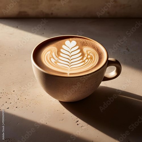 Latte in smooth stone mug with shadow; latte art; neutral beige concrete counter
