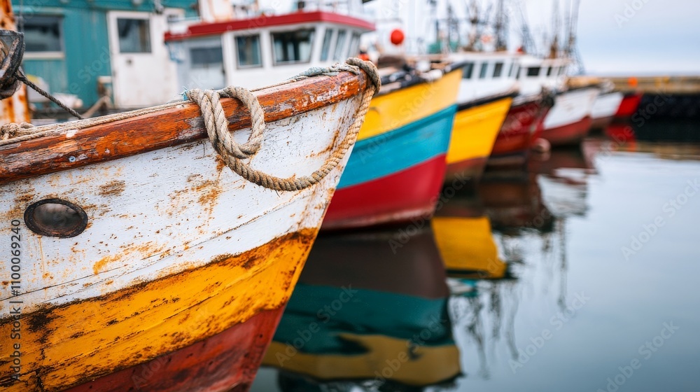 Obraz premium Rustic Fishing Boats with Reflections on Calm Water Surface