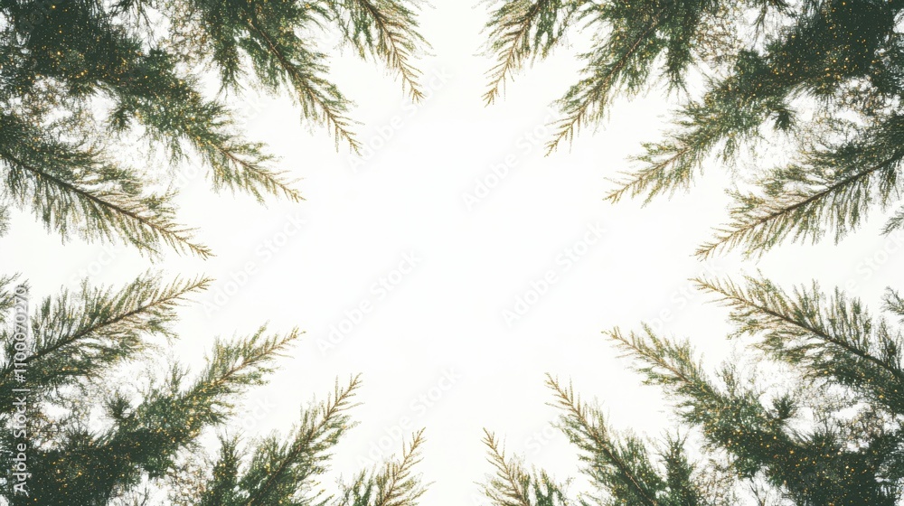 Obraz premium Pine branches frame a bright, empty sky in a serene natural setting.