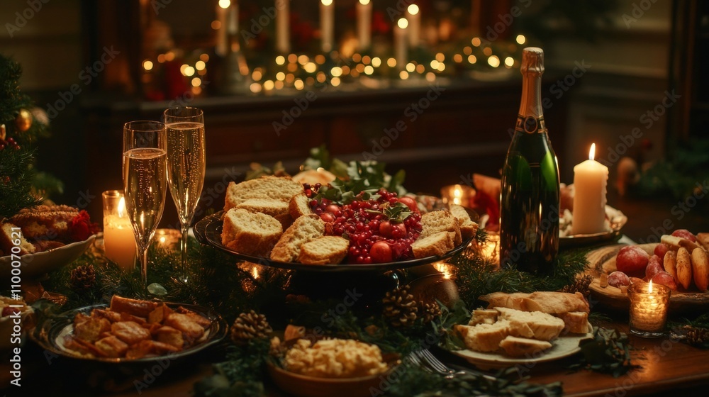 Fototapeta premium Festive table with champagne and candles for holiday celebration