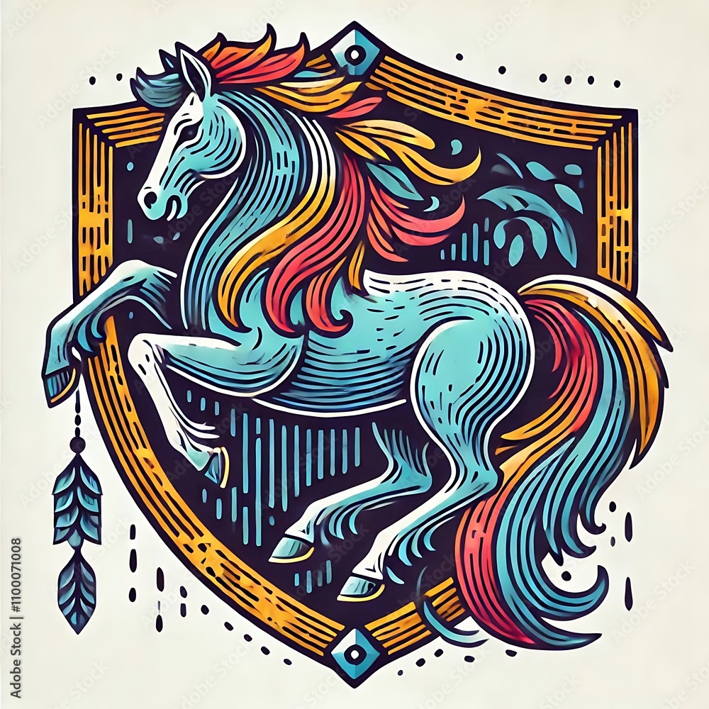 Fototapeta premium Colorful horse emblem in shield design.