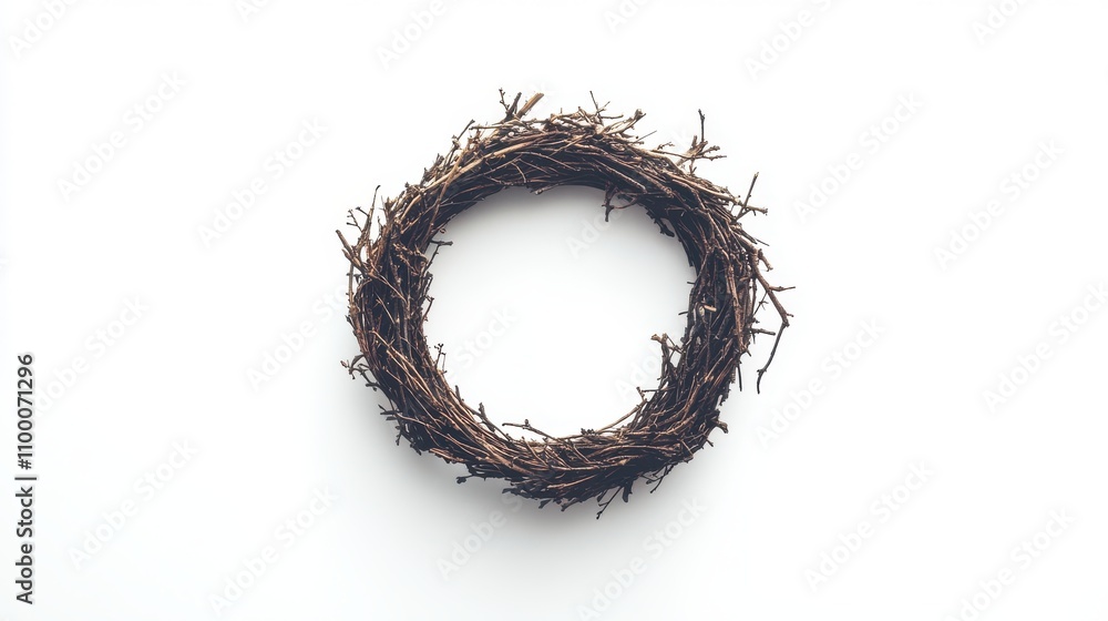 Fototapeta premium Natural twig wreath with intricate details, white isolated background.
