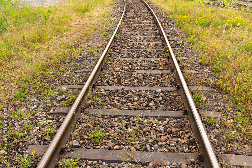 Obraz premium Closeup of railroad track making a bend, going through green overgrown landscape.