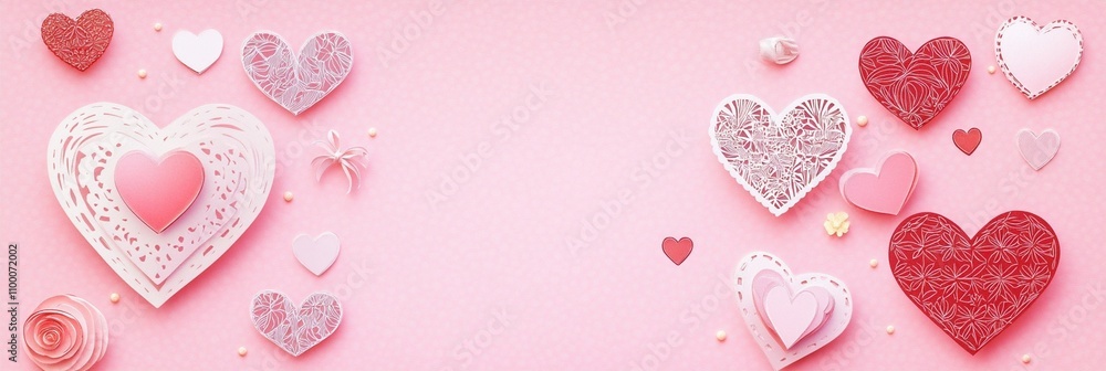 Fototapeta premium Romantic Valentine's Day background with an array of decorative paper hearts in shades of pink, red, and white on a soft pink textured surface.