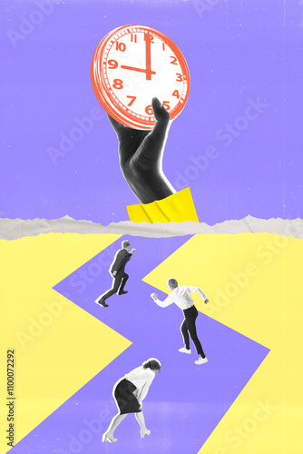 Contemporary art collage. Hand holding clock above zigzag path where people running, representing urgency of achieving goals within limited time. Concept of time, urgency, pursuit, goals. photo