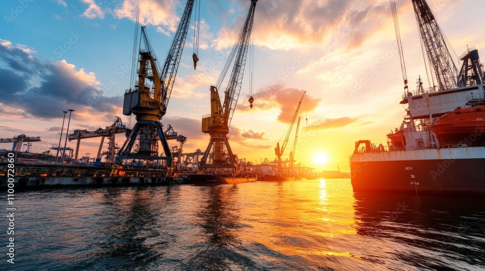 Obraz premium Sunset Over Industrial Port with Cranes and Shipping Vessels