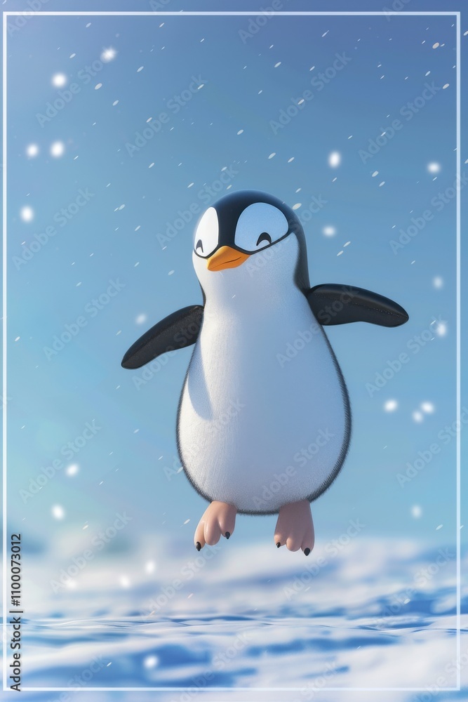 Obraz premium Animated penguin character waddling across snowy landscape winter fun concept