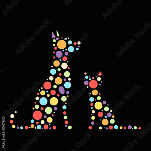 Colorful dog and cat silhouettes made of dots on a black background for pet supplies and veterinary clinics