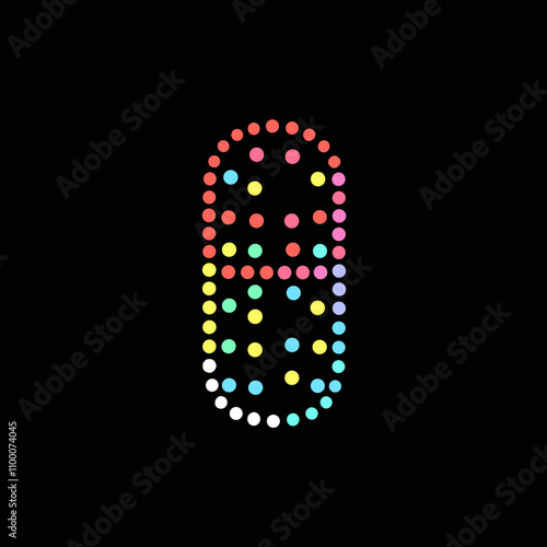 Colorful pill shape made of vibrant dots on a black background