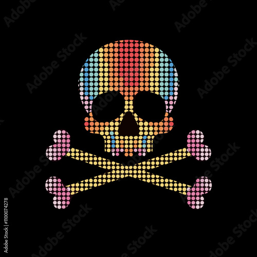 Colorful skull and crossbones symbol made of vibrant dots on a black background
