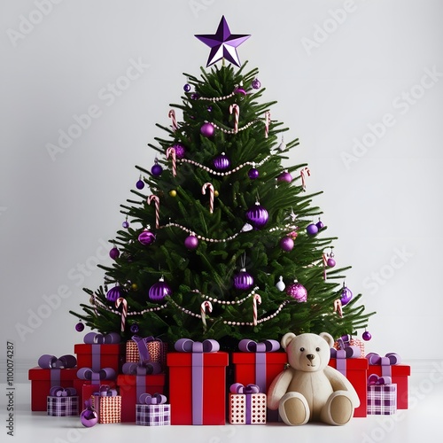 A beautifully decorated Christmas tree surrounded by colorful presents and a cuddly teddy bear.