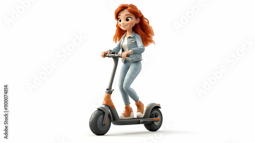 3D Illustration Cartoon Girl Riding Electric Scooter