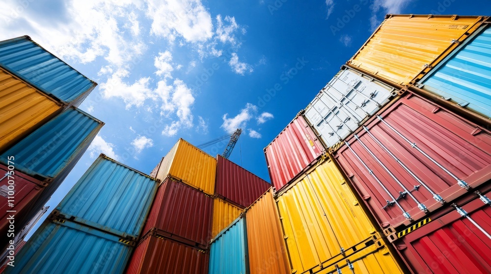Fototapeta premium Colorful Shipping Containers Stacked Against A Bright Blue Sky