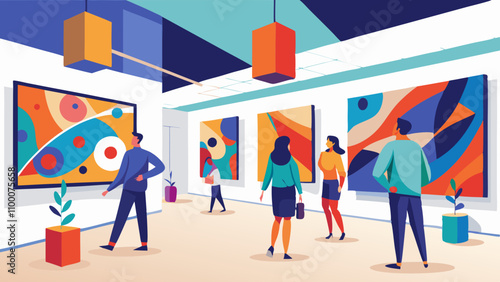 A group of people are walking through an art gallery