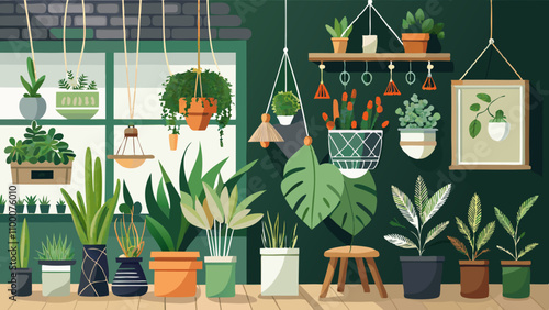 A green room with many plants hanging from the ceiling