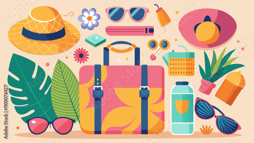 A colorful illustration of a suitcase with various items such as sunglasses