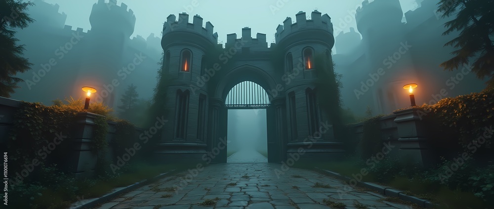 Close-up of large gate with bars in medieval fantasy castle in thick ...