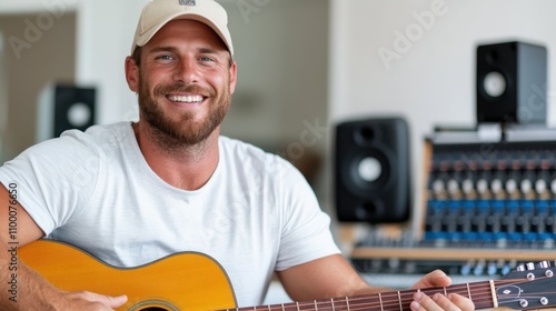 A vibrant man with a cap, ensconced in a modern sound studio, joyfully plays an acoustic guitar, surrounded by state-of-the-art audio equipment, exuding musical passion. photo