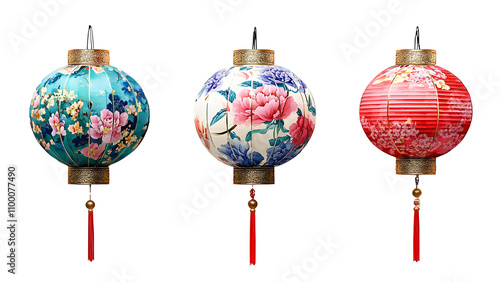 Colorful Chinese lanterns with floral designs, perfect for festive decorations and celebrations. Their vibrant hues add charm and warmth to any setting. Isolated on white/transparent background