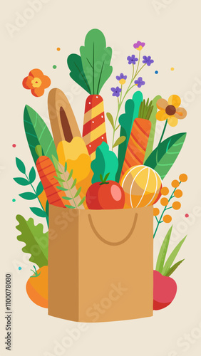 A bag of vegetables is shown with a flowery background