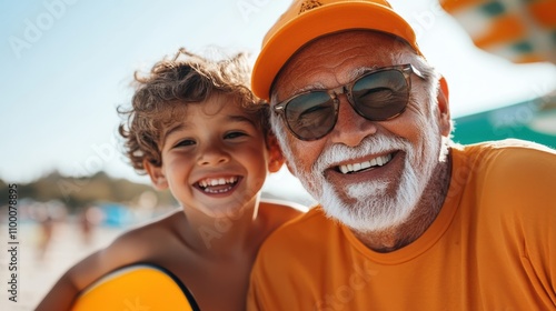 An elderly man in a cap and a young boy enjoy a joyful moment at the beach, their faces beaming with happiness, under bright sunshine and a parasol in the backdrop. photo