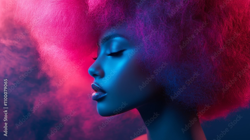Fototapeta premium Woman with Pink and Blue Afro Hair in Smoke