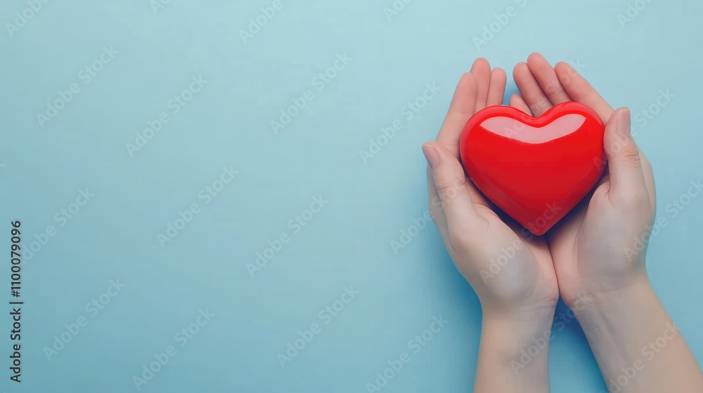Fototapeta premium Close-Up of Hands Holding Red Heart on Light Blue Background, Top View with Copy Space for Valentine's Day or World Health and Wellness Day Concept
