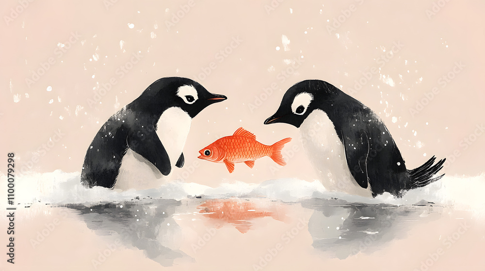 Fototapeta premium Penguin Artwork Cute Animal Illustration, Fun Penguin and Fish Art, Playful Animal Drawing, Valentine's Day Special Art