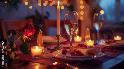 Romantic dinner setting with candles, flowers, and elegant tableware creating a cozy ambiance for an intimate meal.