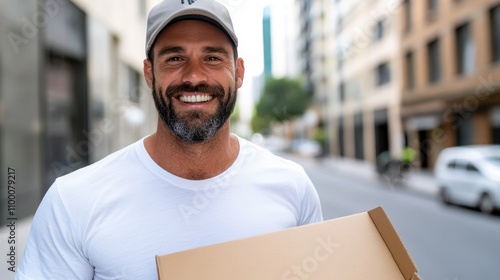 A delivery man in a cap smiles warmly while holding a package on a city street, representing connection, promptness, and positive energy amid the urban landscape. photo