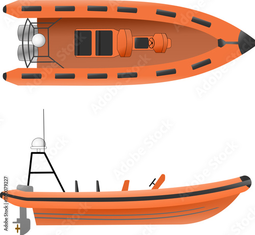 Fast Rescue Craft. Side and top profile of a fast rescue boat usually found on a cruise ship. Isolated vector illustration.