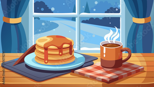 A plate of pancakes with syrup and a mug of coffee on a table